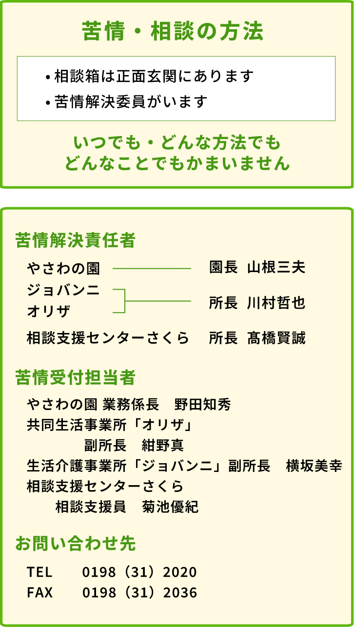 苦情・相談の方法、苦情解決責任者、苦情受付担当者、問い合わせ先